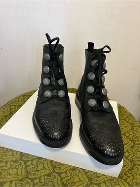 Zara Black Lace-Up Brogue Boots with Decorative Silver Buttons